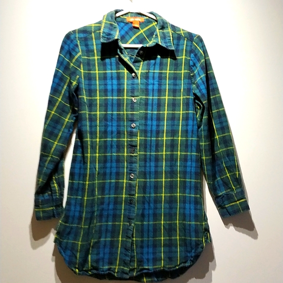 Joe Fresh Green Blue Yellow plaid Cotton button down longsleeve shirt size S - Picture 1 of 6
